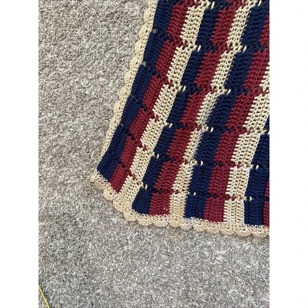 handmade crochet afghan / throw blanket 48x42 Blue Red Cream